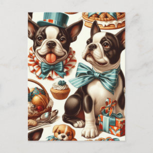 Retro Cute Boston Terrier Illustration Postcard