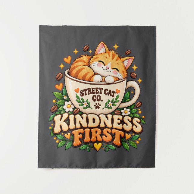  Retro Cute Cat Kindness First Wall Tapestry (Front)