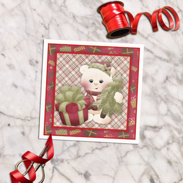 Retro Cute Christmas Tree White Bear Decoupage Napkin (Creator Uploaded)