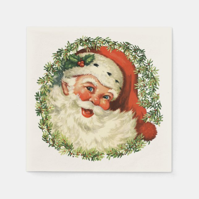 Retro Cute Chubby Santa Wreath Holiday Christmas Napkin (Front)