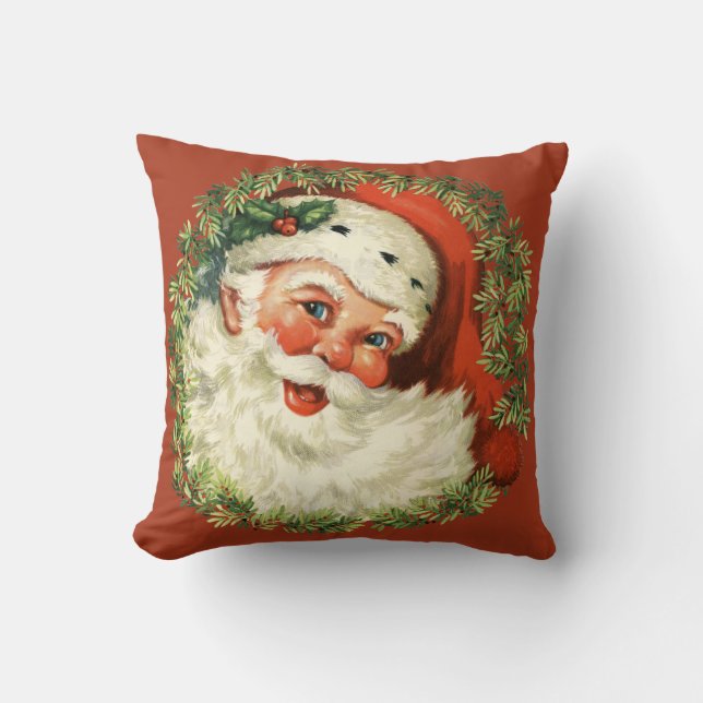 Retro Cute Chubby Santa Wreath Holiday Christmas Throw Pillow (Front)