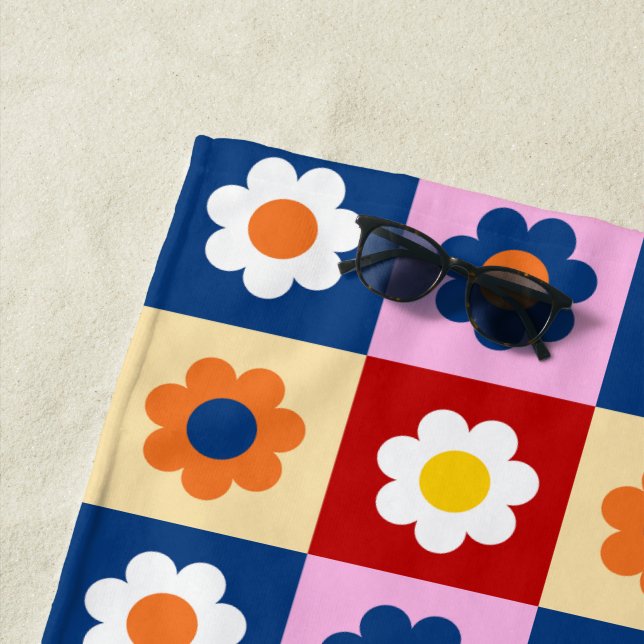 Retro Cute colourful Flowers Pattern  Beach Towel (In Situ)