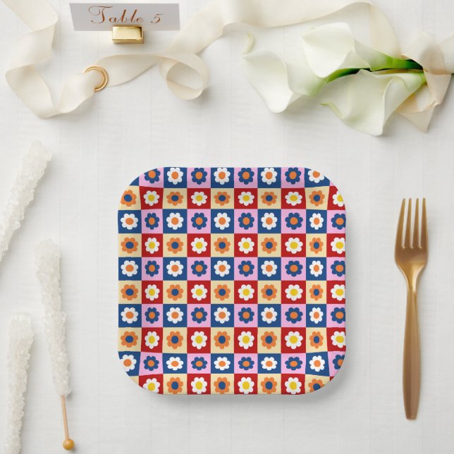Retro Cute colourful Flowers Pattern  Paper Plate (Wedding)