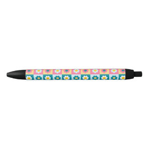 Retro Cute colourful Pastel Flowers Pattern  Black Ink Pen