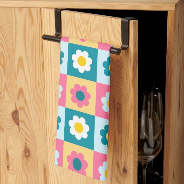 Retro Cute colourful Pastel Flowers Pattern  Kitchen Towel (Thirds Fold)