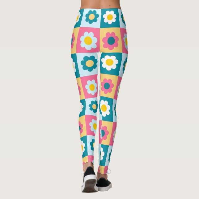 Retro Cute colourful Pastel Flowers Pattern  Leggings (Back)