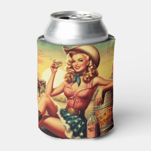 Retro Cute Cowgirl Can Cooler
