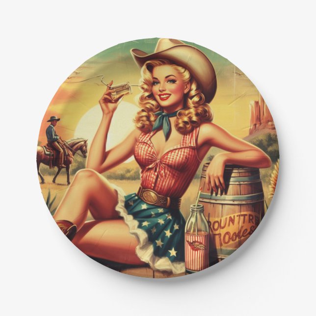 Retro Cute Cowgirl Paper Plate (Front)