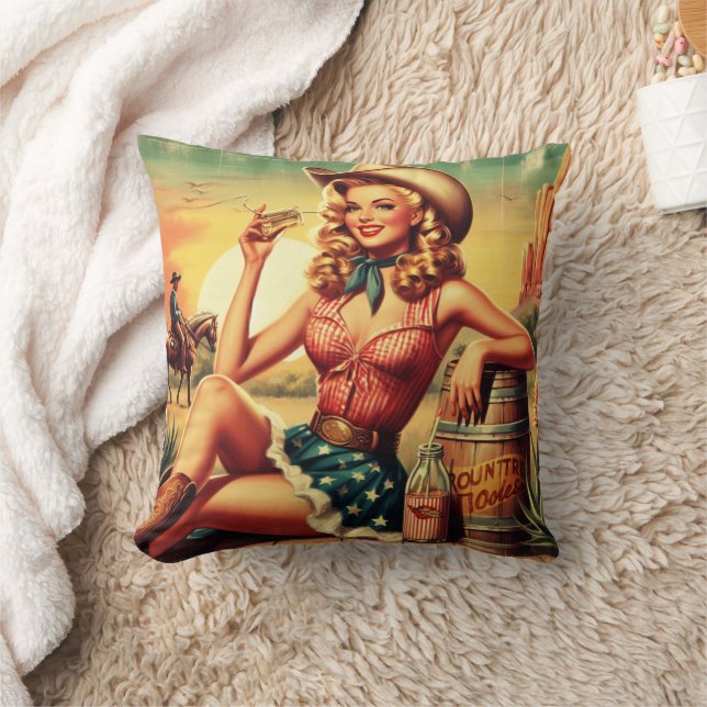 Retro Cute Cowgirl Throw Pillow (Blanket)