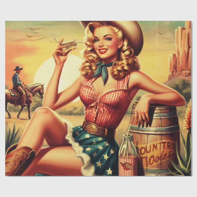 Retro Cute Cowgirl Wrapping Paper (Flat)