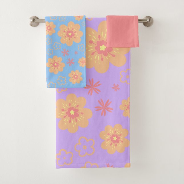 Retro Cute Floral and Pretty Plain Pink Bath Towel Set (Insitu)