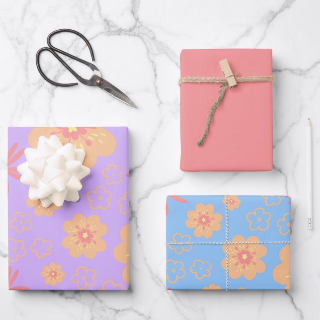 Retro Cute Floral and Pretty Plain Pink Wrapping Paper Sheet (Front)