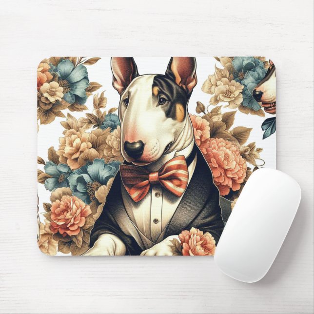 Retro Cute Floral Bull Terrier Mouse Pad (With Mouse)