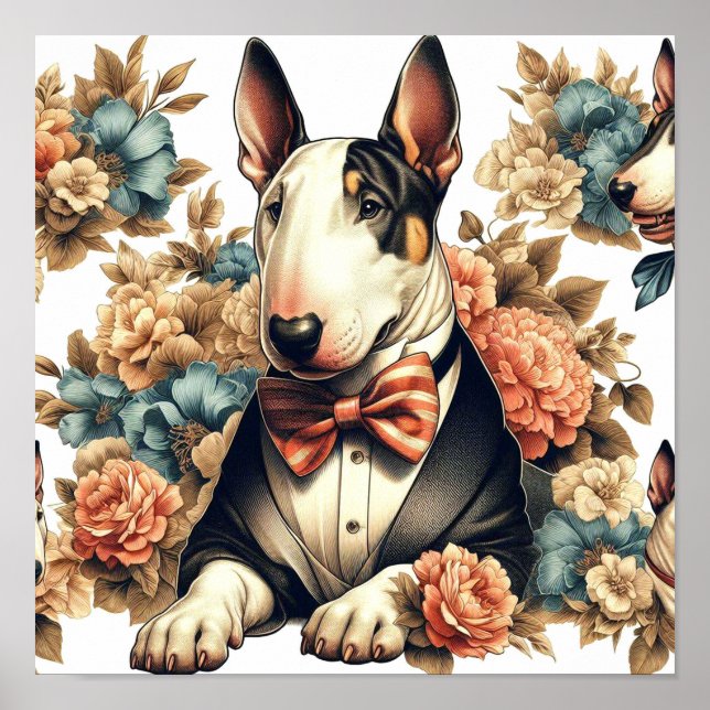 Retro Cute Floral Bull Terrier Poster (Front)