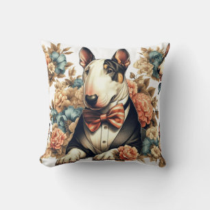Retro Cute Floral Bull Terrier Throw Pillow