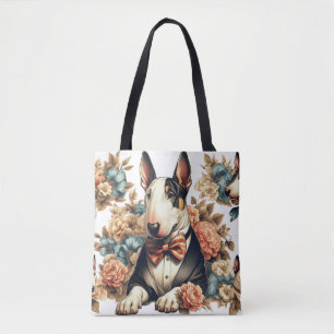 Retro Cute Floral Bull Terrier Tote Bag
