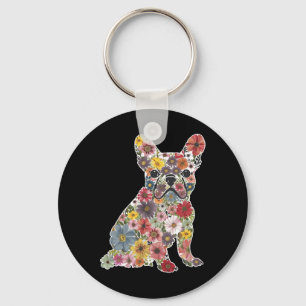 Retro Cute French Bulldog Floral Pet Dog Animal Lo Keychain