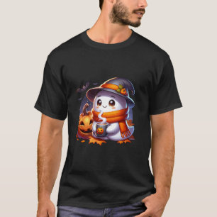 Retro Cute Ghost Drinking Coffee Halloween Ice Cof T-Shirt