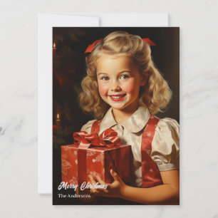 Retro cute girl with Christmas present Holiday Card