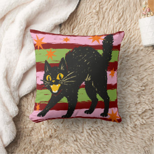 Retro Cute Halloween Black Cat with Stripes Stars Throw Pillow