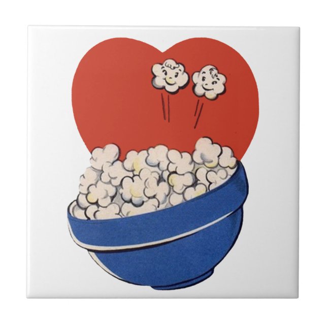Retro Cute Humour, Bowl of Popcorn for the Movies! Tile (Front)
