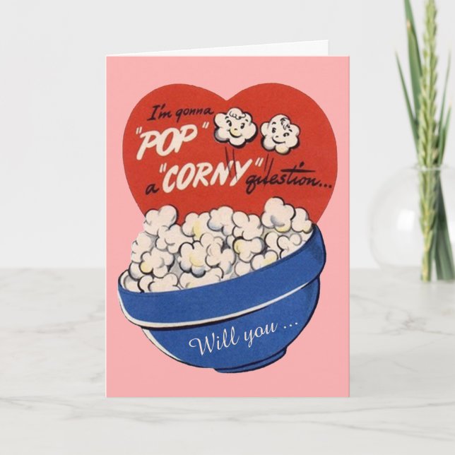 Retro Cute Humour, Popcorn Pop a Corny Question Holiday Card (Front)