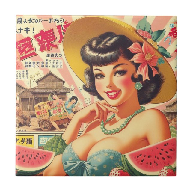 Retro Cute Japanese Girl Tile (Front)