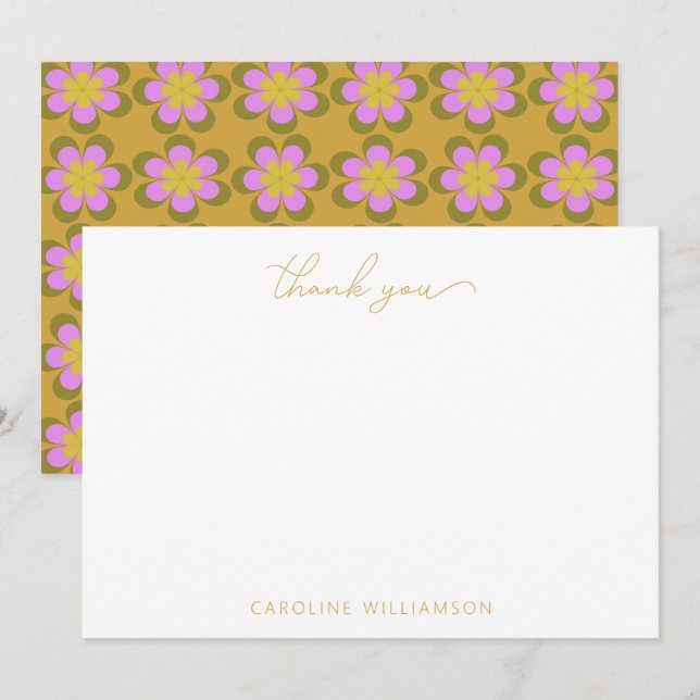 Retro Cute Mod Floral Yellow Custom Name Thank You Card (Front/Back)