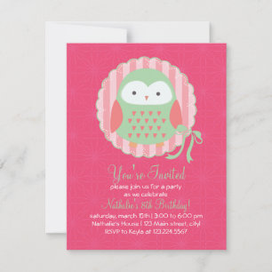 Retro Cute Owl Pink & Green Girly Birthday Party Invitation
