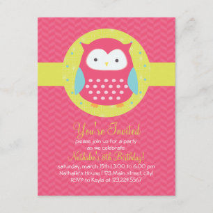 Retro Cute Owl Pink & Turquoise Girly Birthday Invitation