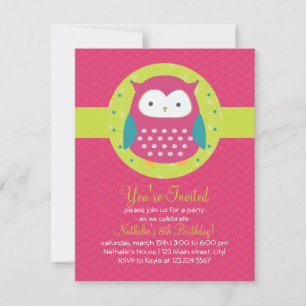 Retro Cute Owl Purple & Green Girly Birthday Party Invitation