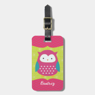 Retro Cute Owl Purple & Green Girly Personalized Luggage Tag