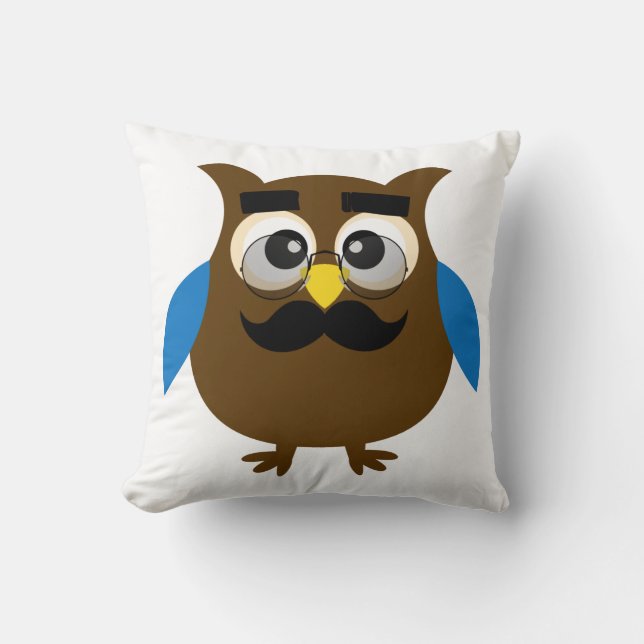 Retro Cute Owl with Moustache and Glasses Throw Pillow (Front)