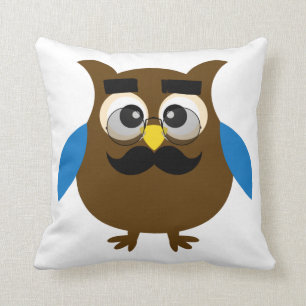 Retro Cute Owl with Moustache and Glasses Throw Pillow