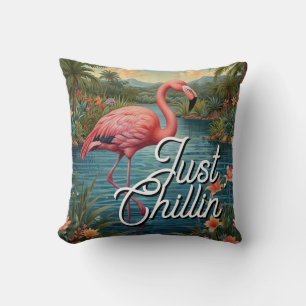 Retro cute pink flamingo tropical paradise   throw pillow