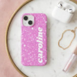 Retro Cute Pink Glitter Sparkle Personalized Name<br><div class="desc">This personalized phone case features a bright pink glitter look with your custom name printed in bold white lettering. Add any name to create a fun, girly phone case for teens, tweens, college girls, or anyone who loves hot pink. The sparkly background makes it feel playful and eye catching while...</div>
