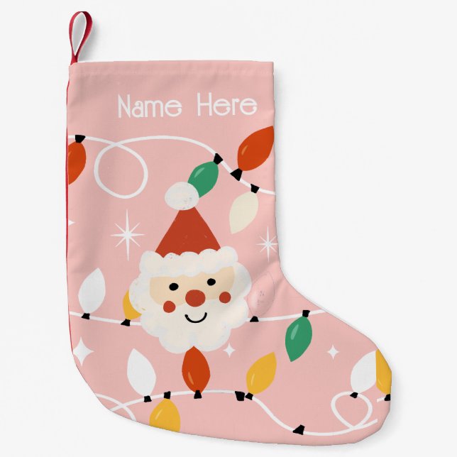 Retro Cute Santa with Fairy Lights Pink Small Christmas Stocking (Front)