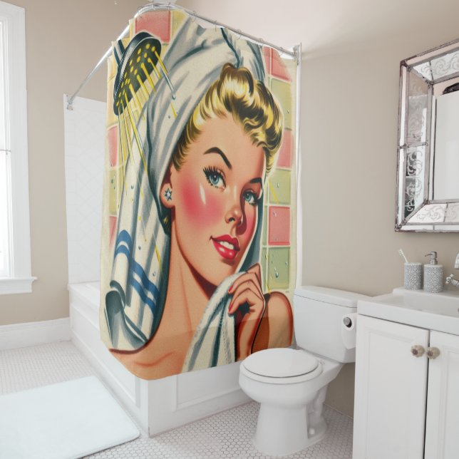 Retro Cute Shower Girl Illustration (In Situ)