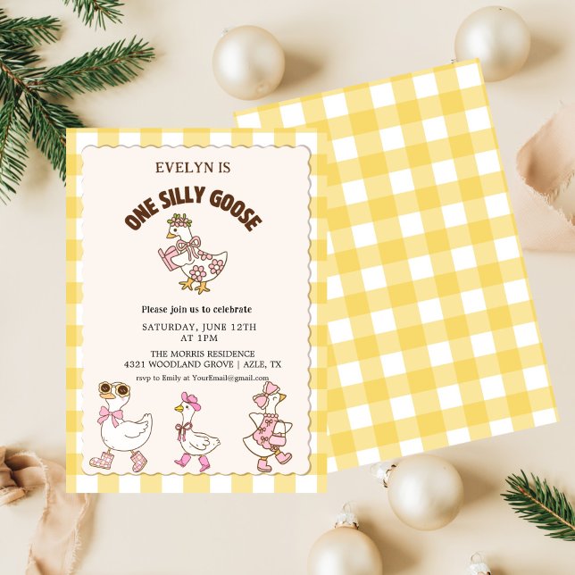 Retro cute Silly Goose ,One Silly Goose 1st Party  Invitation (Creator Uploaded)