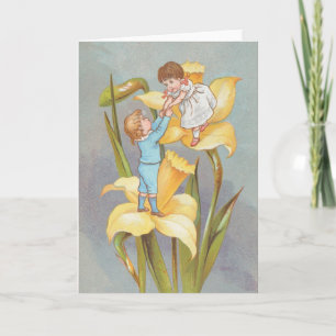 Retro Cute Sweet Valentine, children and daffodils Card