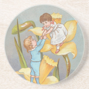 Retro Cute Sweet Valentine, children and daffodils Coaster