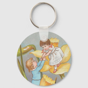 Retro Cute Sweet Valentine, children and daffodils Keychain
