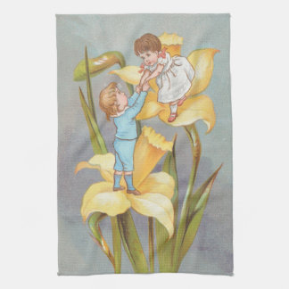 Retro Cute Sweet Valentine, children and daffodils Kitchen Towel