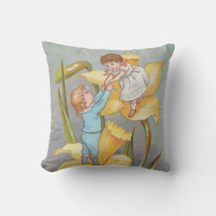 Retro Cute Sweet Valentine, children and daffodils Throw Pillow