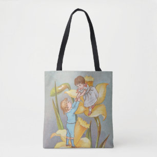 Retro Cute Sweet Valentine, children and daffodils Tote Bag