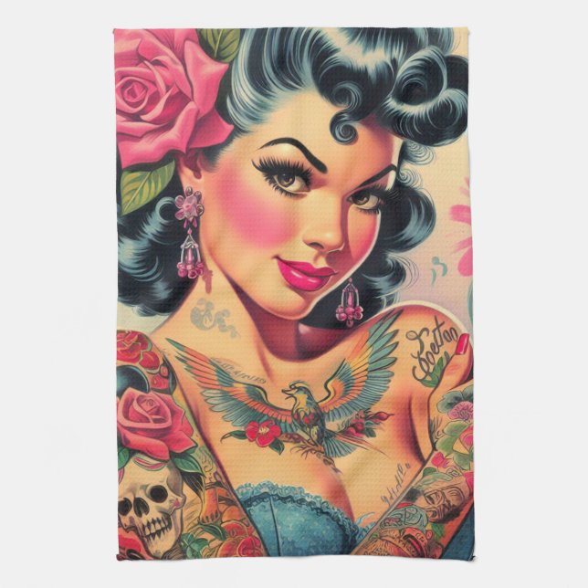 Retro Cute Tattooed Pin-up Kitchen Towel (Vertical)