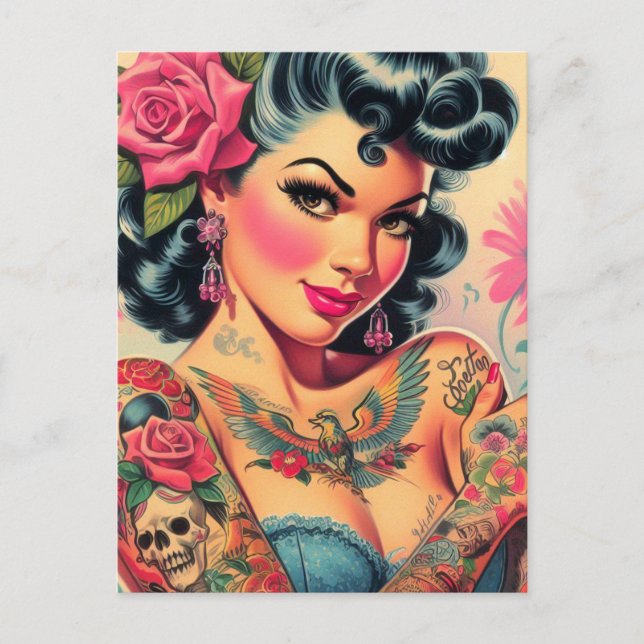 Retro Cute Tattooed Pin-up Postcard (Front)