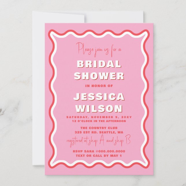 Retro Cute Wavy Pink Red Photo Bridal Shower  Invitation (Front)