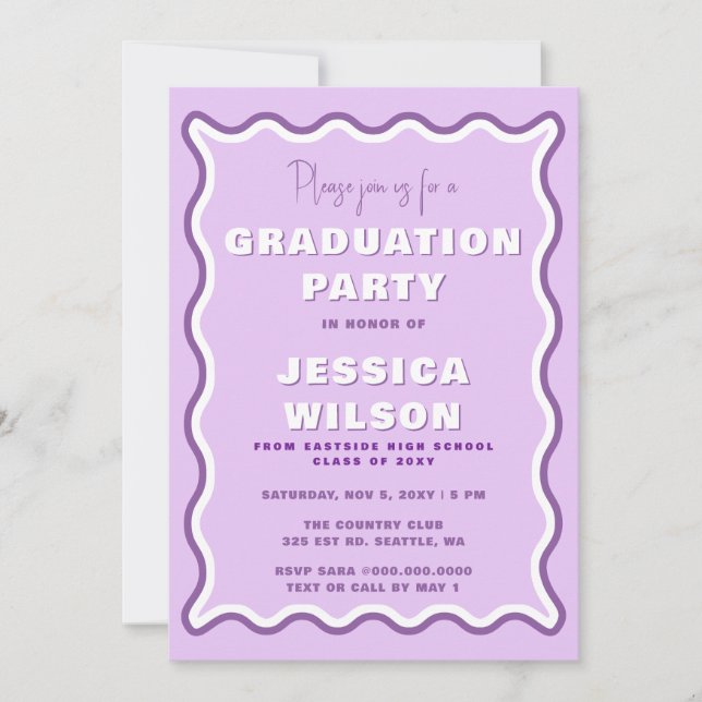 Retro Cute Wavy Purple Photo Graduation  Invitation (Front)