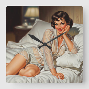 Retro Cute Woman '50 Pin-up Square Wall Clock